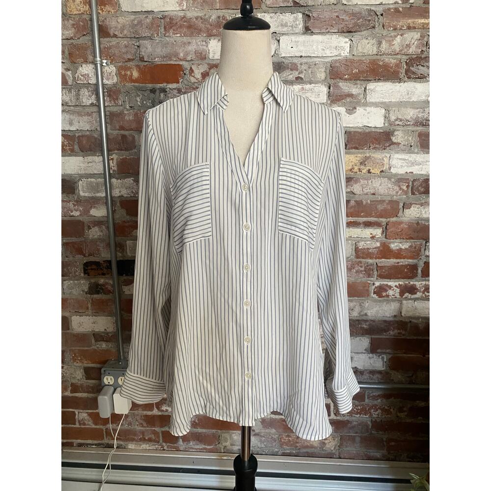 Express Blue & White Pinstripe V-Neck Utility Blouse - Size Large